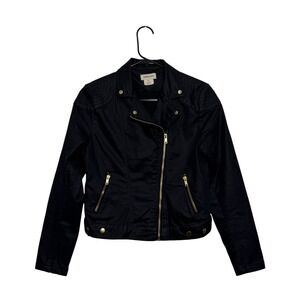 &Denim By H&M Moto Jacket Edgy Biker Chic Black Coated Gold Zip Women's Size 6